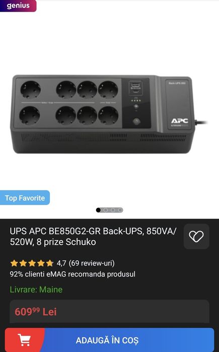 UPS APC BE850G2-GR Back-UPS, 850VA/520W, 8 prize