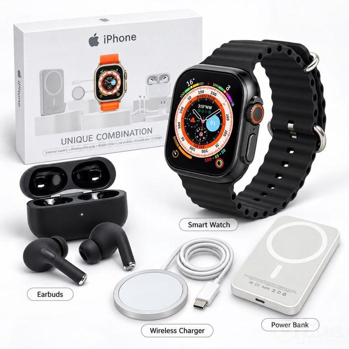 Smart Watch Ultra to‘plami | Naushnik + Powerbank + Wireless charger