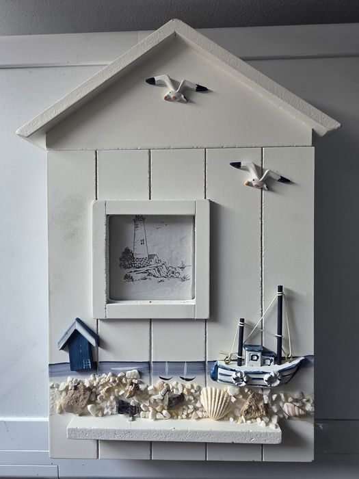 Cutie chei lemn perete stil mediteranean alb 6 carlige 30x20x10cm