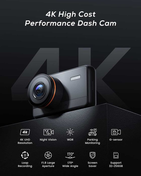 Предна камера iZEEKER 4K Dash Cam, 2160P, 32GB карта, WDR 400