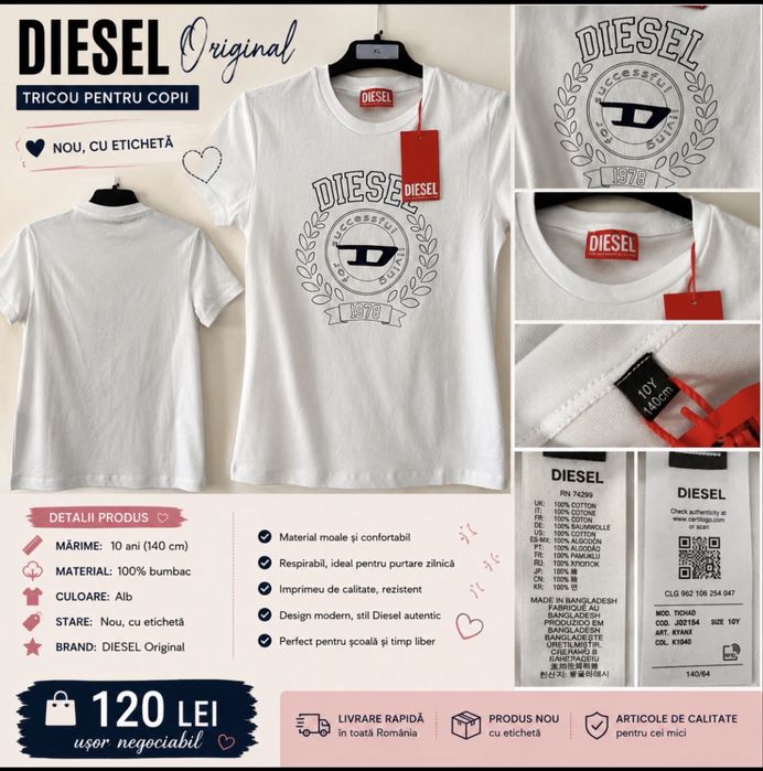 Tricou Diesel Alb cu Logo Frontal – 100% Bumbac | Copii 10 Ani (140 cm)