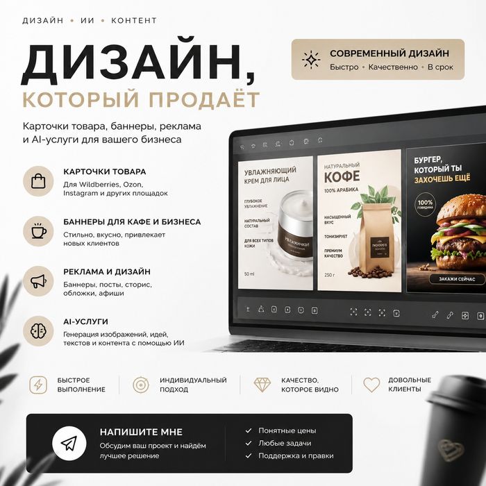 Фриланс Услуги
• карточки товара
• баннеры и рекламу
• дизайн для кафе