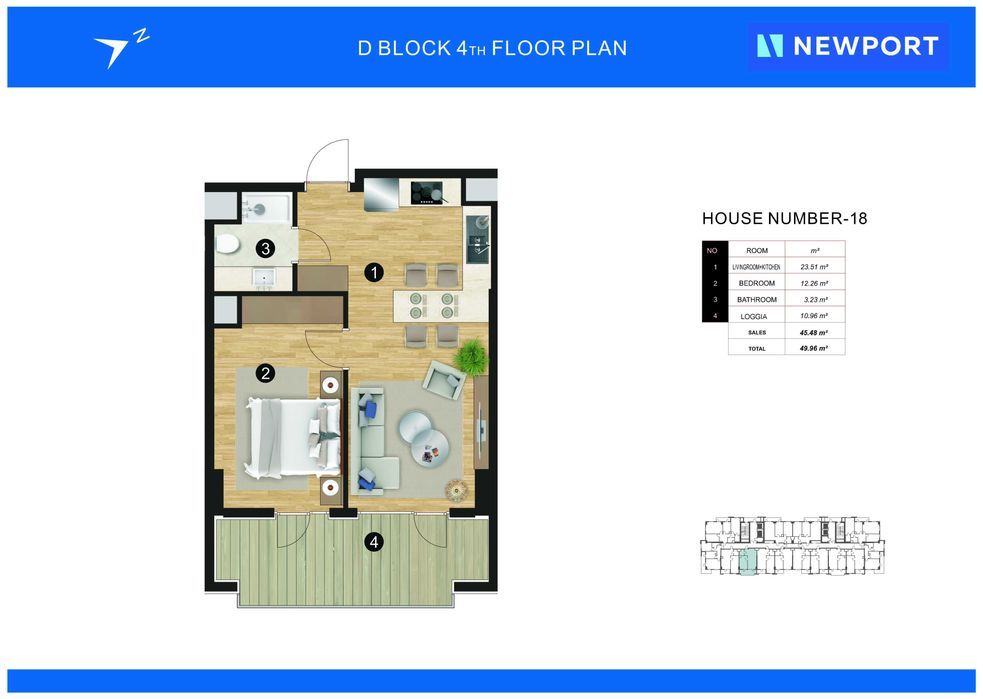 Продаётся квартира в ЖК "NEW PORT" 4 этаж "D BLOK" Цена 67.000 тыс