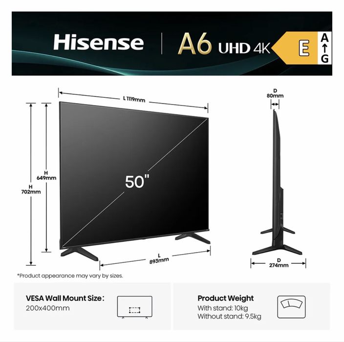 Televizor LED Smart HISENSE 50A6Q, Ultra HD 4k, 126cm