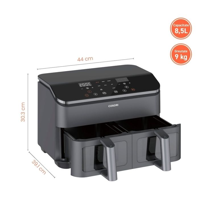 Friteuza cu aer cald Cosori Dual Basket, 8 functii de gatire, 1750 W,