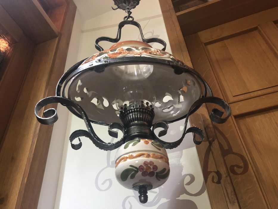 Candelabru,lustra,lampa rustica germana,fier forjat,ceramica emailata