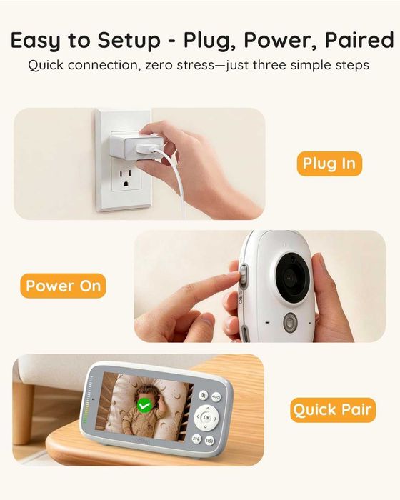 Бебешки монитор Boifun без WiFi, камера и аудио, 4" 720P IPS екран, 2 камери, приспивни песни