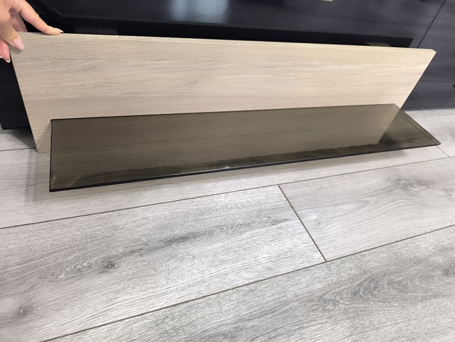 Set mobilier living – masă dining + măsuță cafea + 2 polițe perete, sticlă neagră