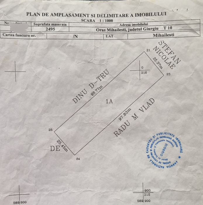 Vand teren 2500mp Mihailesti Draganescu, deschidere 25m