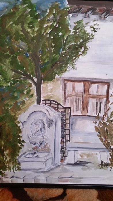 Селска чешма. Рисувана на ръка с акварелни бои.