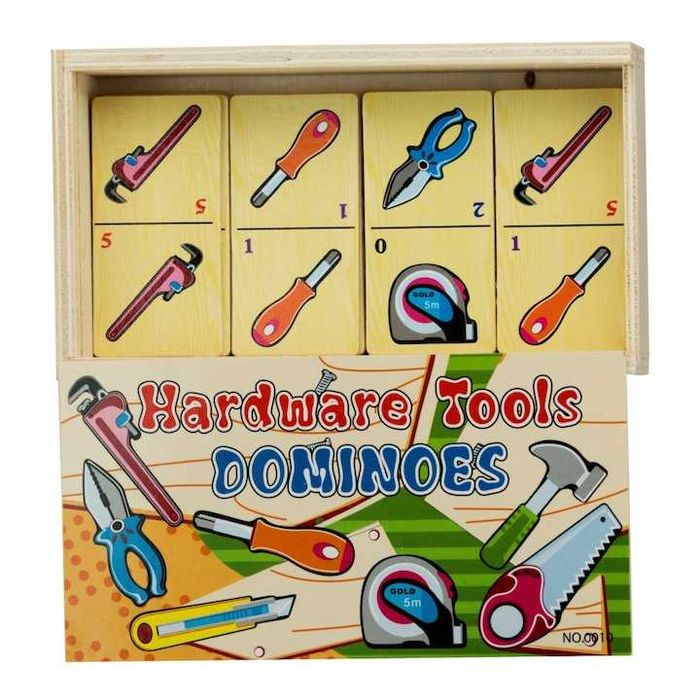 Дървено домино с цифри и Инструменти, Животни, Зеленчуци