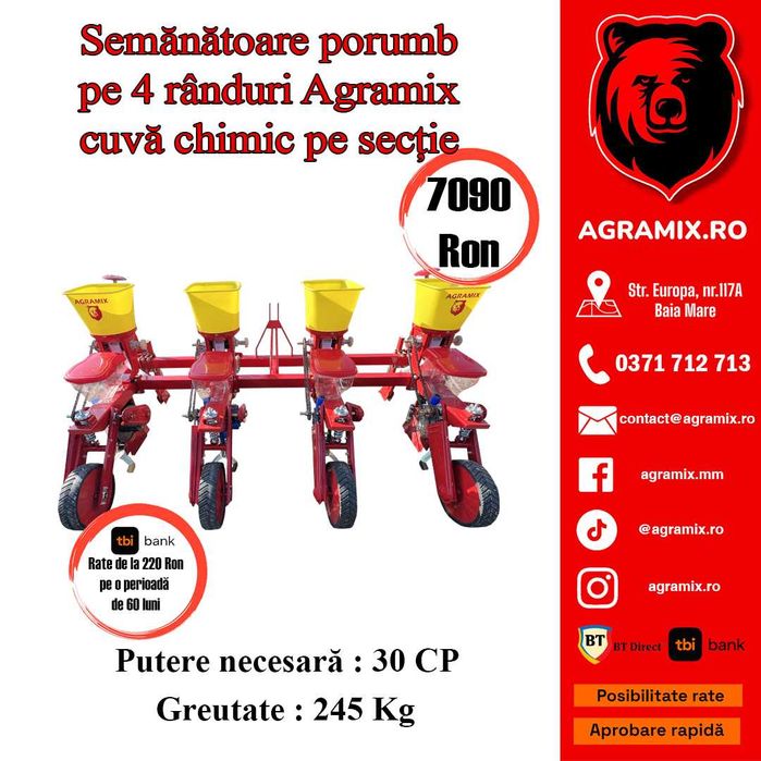 Semanatoare porumb 4 randuri AGRAMIX cuva chimic pe sectie