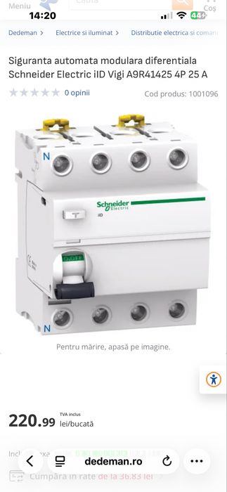 Siguranta automata modulara diferentiala Schneider Electric iID Vigi A9R41425 4P 25 A