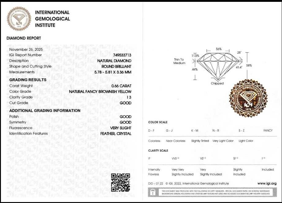 Диамант 0.66ct, I3-Fancy Brownish-Yellow, сертификат IGI