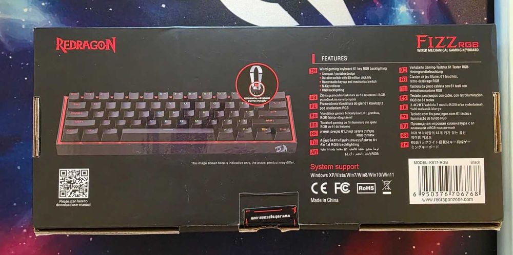 Tastatură Gaming Redragon Fizz K617 RGB – Switch-uri Reînnoite + Cablu Qwerty Key + Switchuri EXTRA