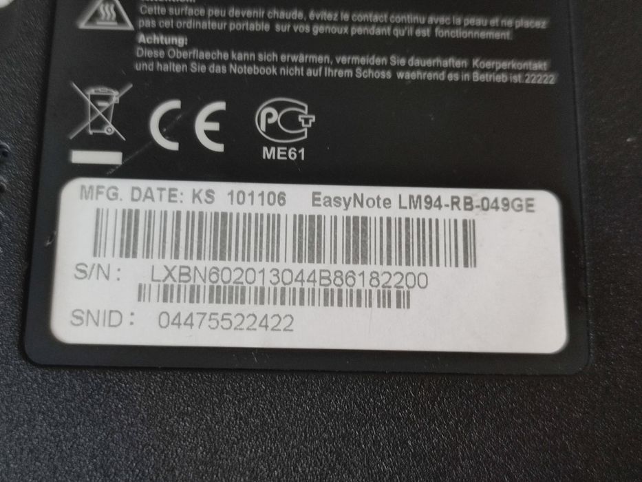 Carcasa completa + Balamale - Packard Bell LM94 LM81 LM82 LM83 LM87 98