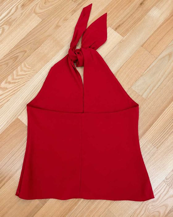 Top Miu Miu damă roșu, model halter cu fundă la gât, Made in Italy, mărimea L