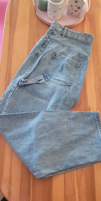 High waist дънки 40 м/л размер блестящи с камъни