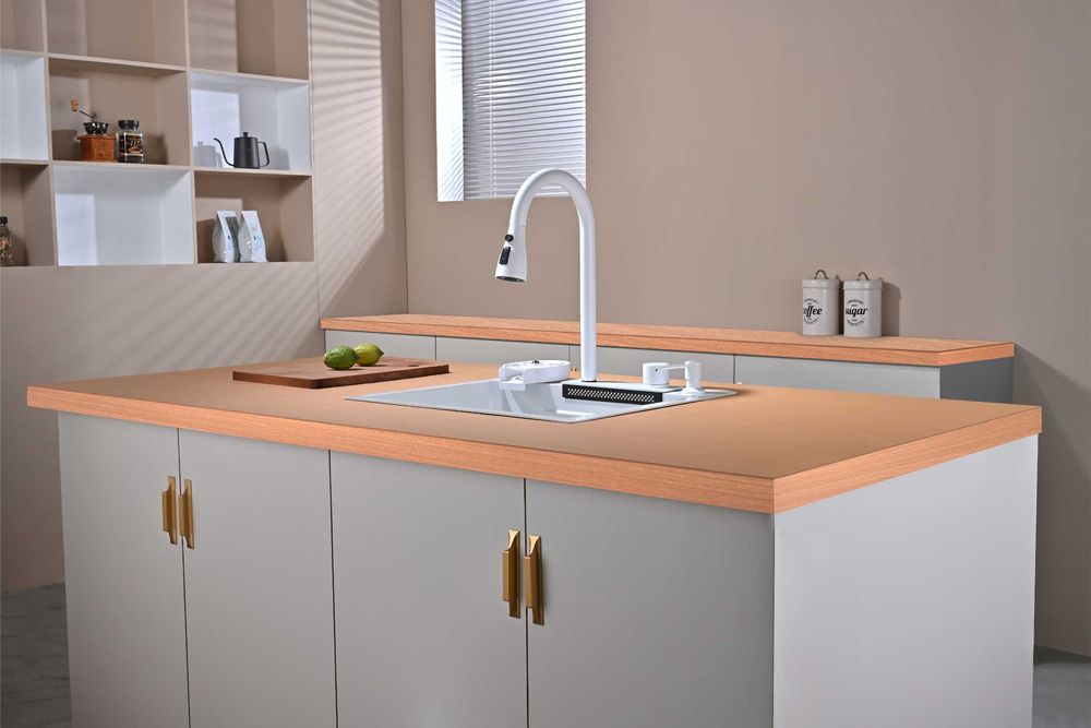 Бяла мултифункционална кухненска мивка 50см