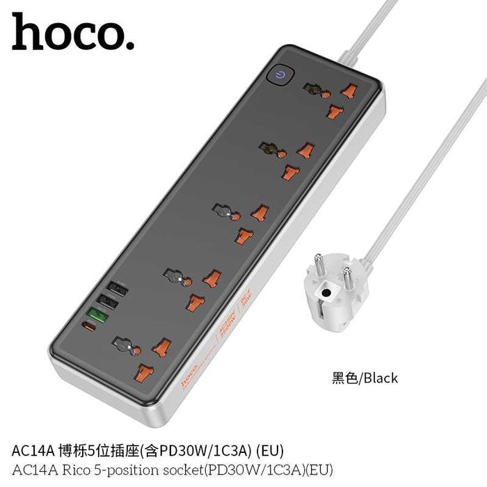 Hoco AC14A Rico Сетевой фильтр 5 розетками и USB-портами PD30W EU/GER