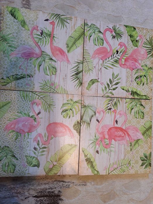 Set de 4 tablouri canvas cu flamingo