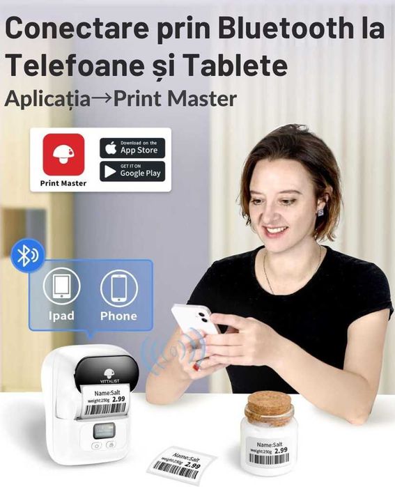 Imprimanta Termica pt Etichete cu Aplicatie si Rola Inclusa 40 x 30 mm