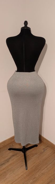 Fustă midi glitter argintiu | Elegantă | Slit frontal | Party