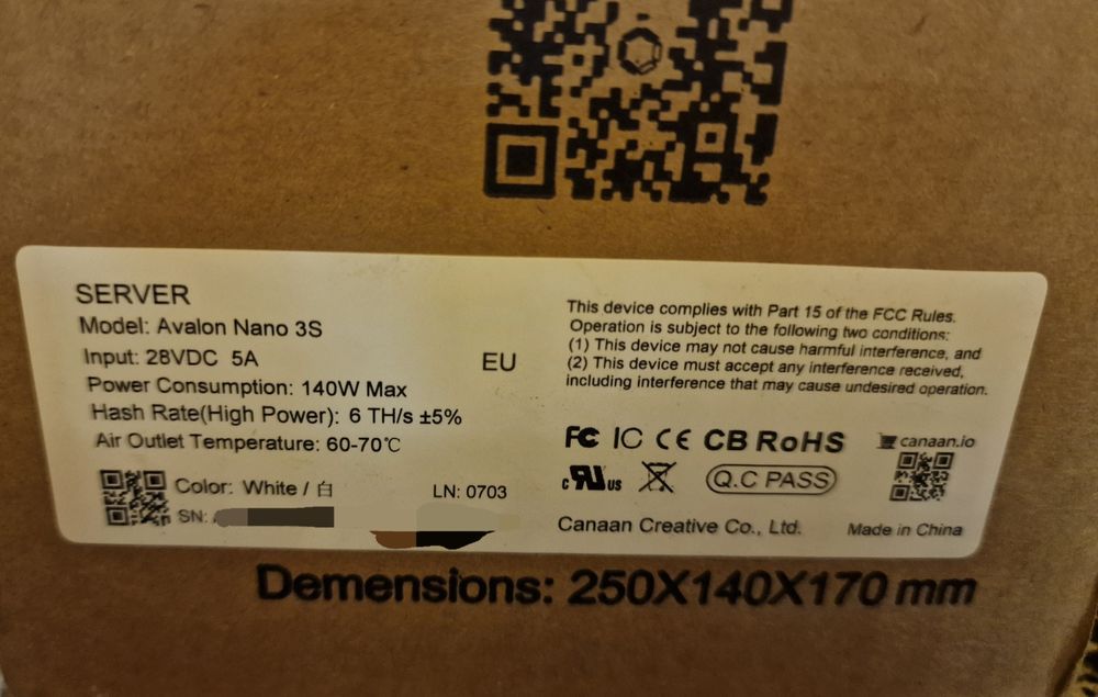 Биткойн копачка Canaan Avalon Nano 3S - 6 TH/s 140W