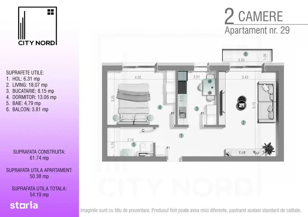 2 camere - 55 mp utili total-TVA inclus-finalizat - CITY NORD