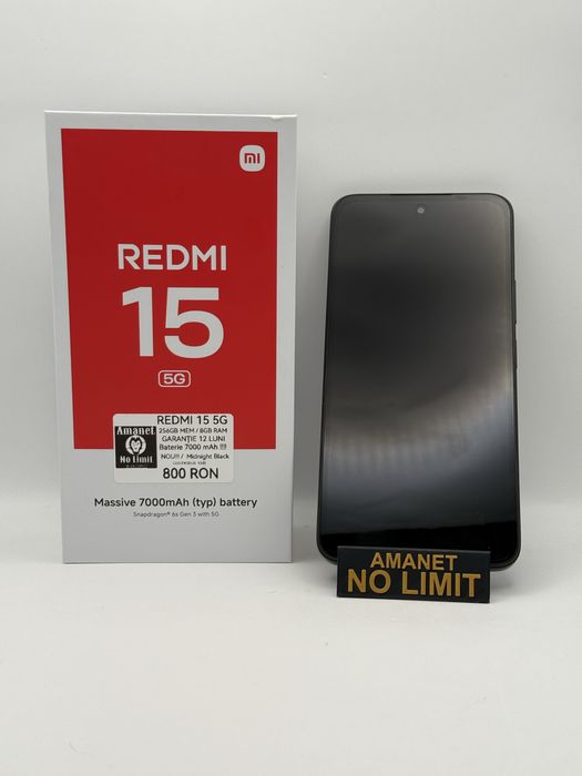 Redmi 15 Black 5G Baterie 7000mAh Nou Garantie 1an, AMANET NO LIMIT.