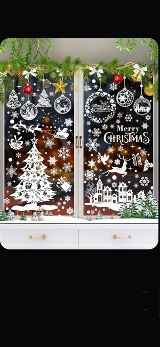 Наклейки новогодние на окна двусторонние 244 шт для декора интерьера