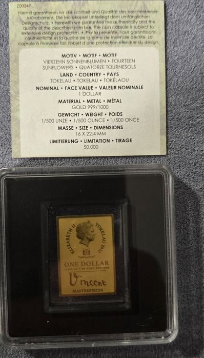 Винсент ван Гог „Слънчогледи“ – Златна монета 999 (1/500 oz)