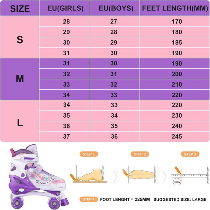 Ролкови кънки Hikole за момичета с 4 колела с ярки, регулируеми, дишащи