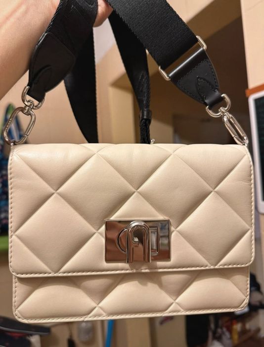 Geanta FURLA 1927 SOFT Mini CROSSBODY White Cotton Nero, noua, cadou.