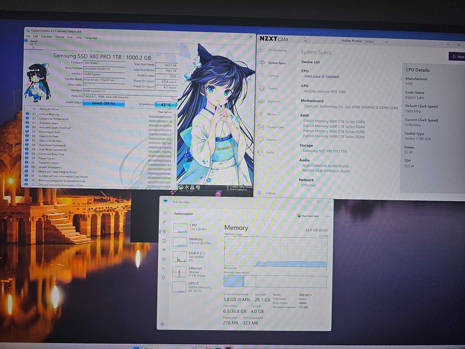 Gaming pc i5 13600kf rtx 3080 32gb ddr4 3600mhz 1tb 7400mb/s psu 1000