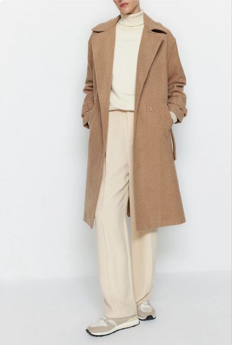 Дълго вълнено палто с щампи от норка с широка кройка и колан Trendyol