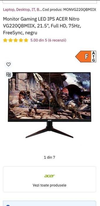 Vând monitor gaming Acer Nitro LED IPS FreeSync 75 Hz