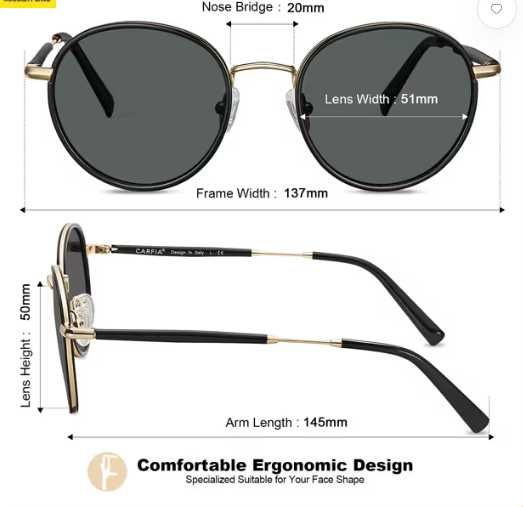 Ochelari de soare CARFIA polarizați UV400, rotunzi retro, negri
