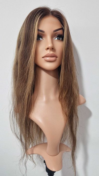 Естествена перука, кафява с руси кичури, 60 см, Lace 4х4