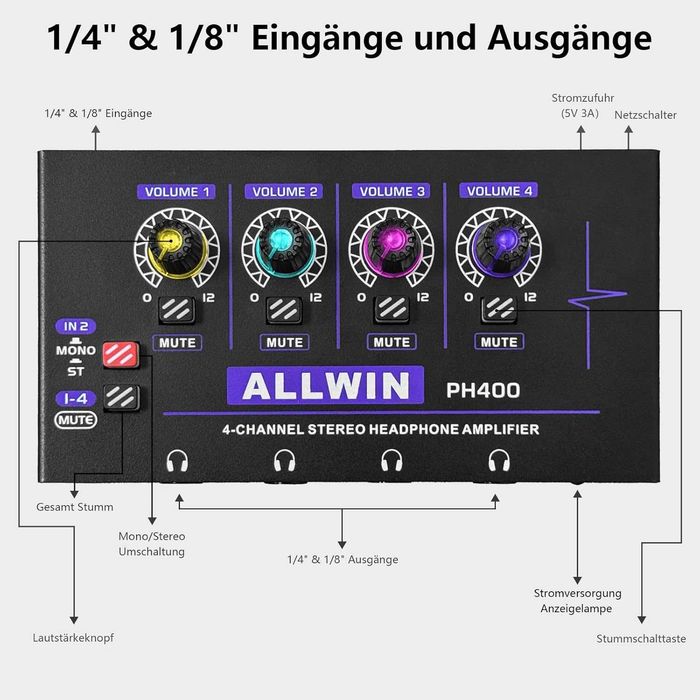 ALLWIN 4-канален мини усилвател за слушалки, метален моно/стерео