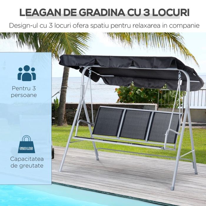 Outsunny Balansoar de Gradina cu 3 Locuri din Metal Acoperis Copertina Detasabil, Nou
