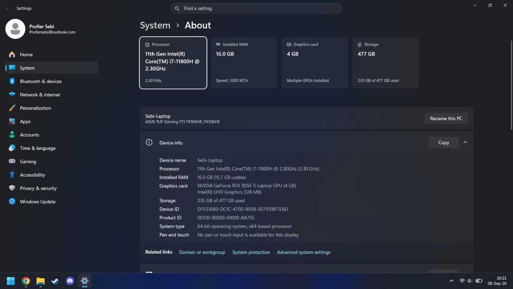 Laptop Gaming ASUS TUF F15 | I7-11800H | 16 GB RAM | RTX 3050 TI