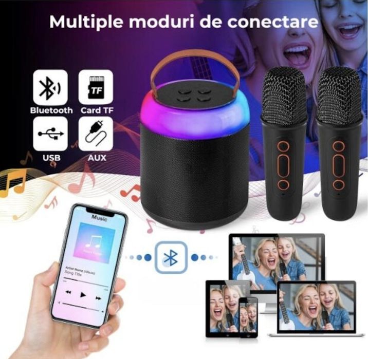 Boxa/Mini aparat de karaoke, cu 2 microfoane wireless pentru copii si