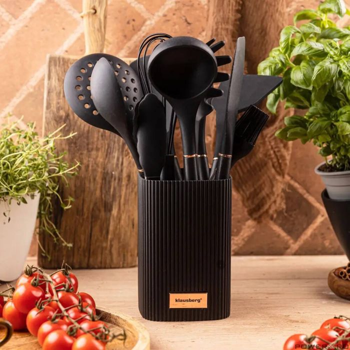 Set ustensile de bucatarie, 12 piese din silicon negru, Klausberg