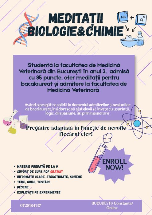 Ofer meditații pentru BAC și ADMITERE la facultatea de MEDICINĂ VETERINARĂ, atat biologie, cat și chimie