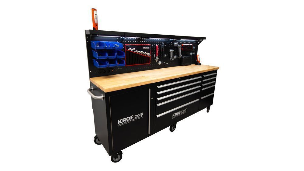 Banc de lucru metalic profesional 10 sertare, blat lemn masiv, panou i