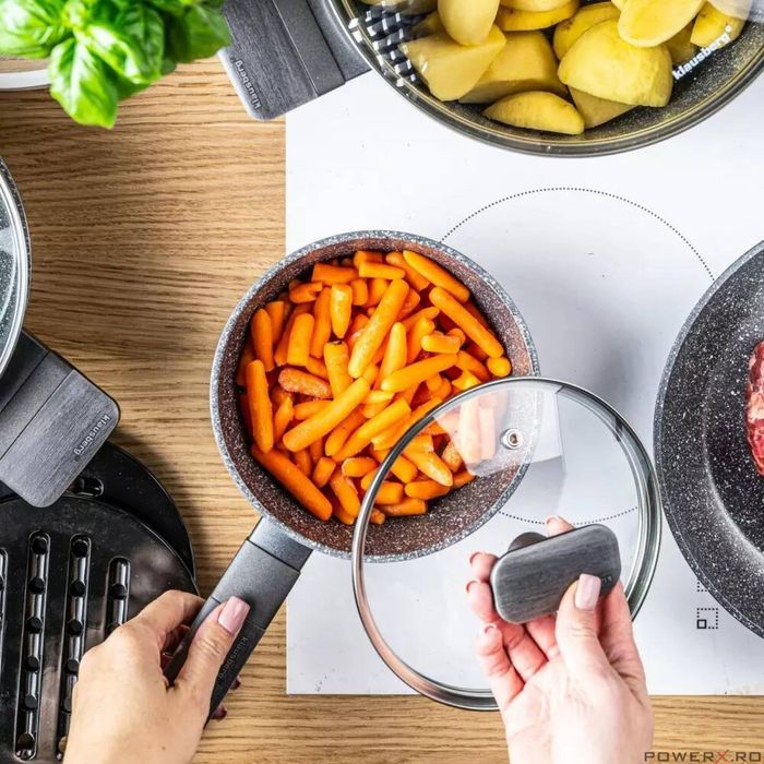 Set oale si tigai, 12 bucati, acoperit antiaderent, gri cu manere din