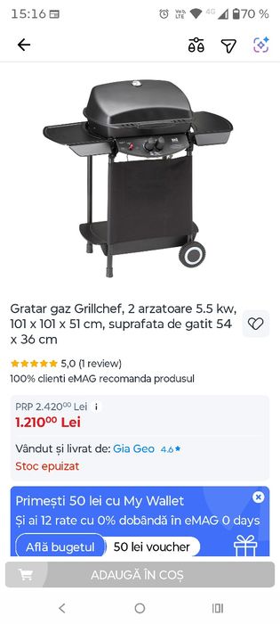 Grătar pe gaz Grillchef, 2 arzătoare ,5.5kw,101x101x51,suprafață de gatit,54*36 cm