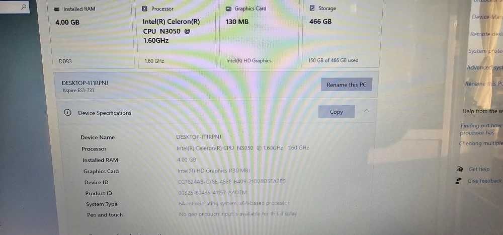 Laptop AcerProcesor Intel CELERON N3050/ 1,60GHz/ HARD 500GB/RAM 4GB