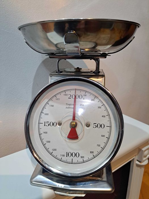 Cantar de bucatarie, mecanic, cu bol din otel inoxidabil. Vintage.
